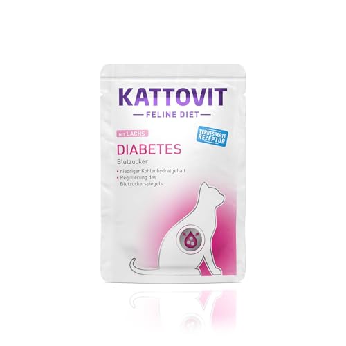 Kattovit - Diabetes Nassfutter für Katzen Diät-Katzenfutter als Alleinfuttermittel im Frischebeutel. Futter für Katzen mit Diabetes. Blutzuckerregulierendes Katzendiätfutter 24 x 85 g Lachs