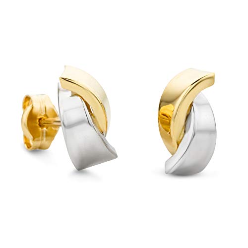 Orovi Damen Ohrringe Bicolor Gelbgold und Weißgold Ohrstecker gekreuzt 14 Karat 585 Gold