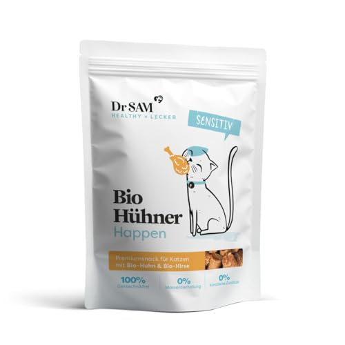 Dr. SAM Hühner Happen für Katzen - Hühner Happen als gesunde Leckerlis für gesunde Haut glänzendes Fell - Snacks mit Hirsemehl Kokosmehl und kaltgepressten Leinsamen - Treat for Cats - 80g