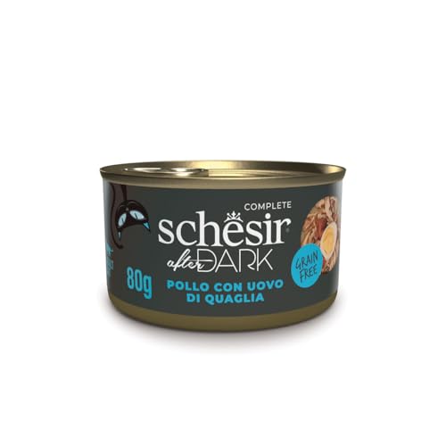 Schesir After Dark Geschmack Hähnchen mit Wachteleiern in Filets komplettes Nassfutter für ausgewachsene Katzen 12 Dosen 80 g