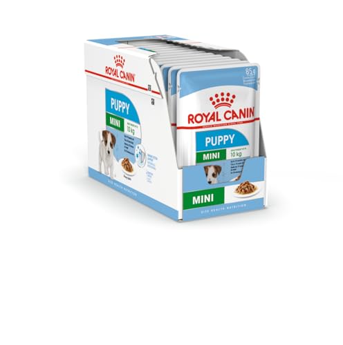 Royal Canin Mini Puppy 12 x 85 g Nassfutter für kleine Hundewelpen Bis zum 10. Lebensmonat Feine Stückchen in Soße Weiche Textur für die Milchzähne