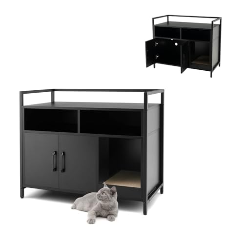 GYMAX Katzenschrank für Katzentoilette mit Kratzbrett Katzenklo Schrank 89 x 45 x 74 5 cm Katzenhaus mit offenen Regalen Türen Schwarz