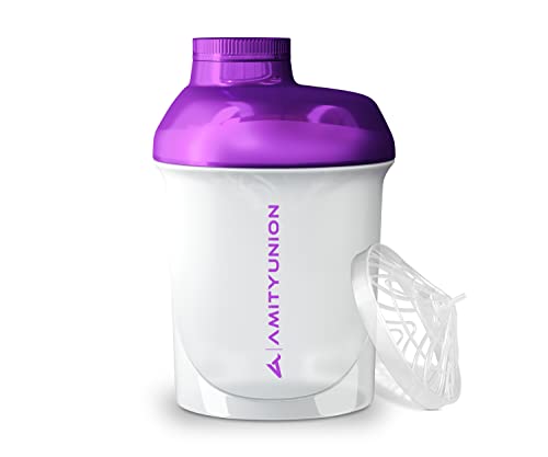 AMITYUNION Frauen Shaker 400 ml Weiss Lila Deluxe   ORIGINAL Eiweiß Shaker auslaufsicher   BPA frei Sieb Skala für Cremige Shakes Gym Fitness Becher für Isolate BCAA