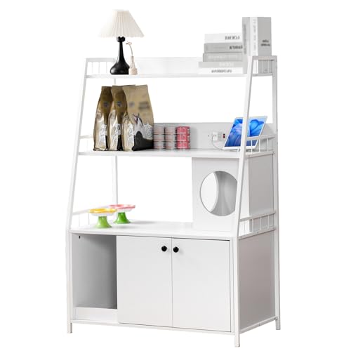 Katzenklo Schrank Katzenschrank mit 3 Ablageflächen Hop in Katzenklo Katzenhaus mit Ladestation Holz Katzenschrank für Katzentoilette 135x90x50 cm Weiß