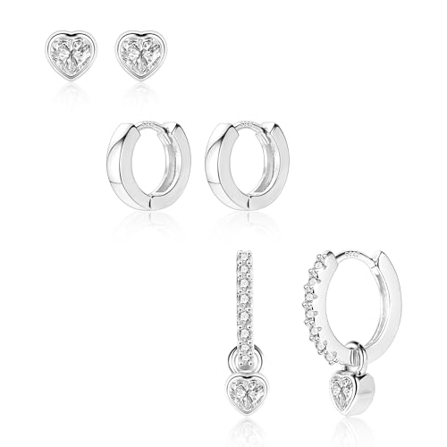 Silber 925 Ohrringe Set Damen Kleine Herz Ohrstecker Herz Hängende Creolen Ohrringe Hypoallergen Kleine Ohrringe Ohrstecker Set Kleine Glitzer Zirkon Huggie Creolen Ohrringe Set fur Damen Mädchen