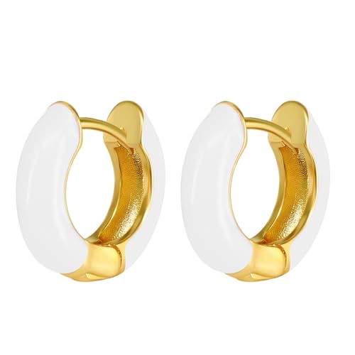 Flongo Creolen weiß gold Ohrringe Emaille Damen Chunky Ohrstecker zweifarbig silber 925 Edelstahl rund Hoop Huggie earrings hypoallergen glänzend Klappcreolen klein geschenk Frauen Mädchen