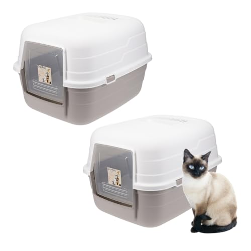 2X Katzenklo mit Deckel - Kippbare Haube - Aktivkohlefilter Katzenklo geschlossen Katzentoilette Katzen Klo Hauben Toilette grau