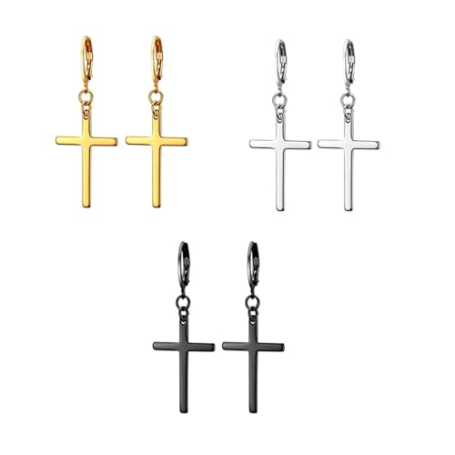 Ryaupy 3 Paar Edelstahl Kreuz Ohrringe - Creolen Ohrringe mit Kreuz Anhänger für Damen und Herren - Kreuzschmuck Geschenkset in Gold Silber und Schwarz