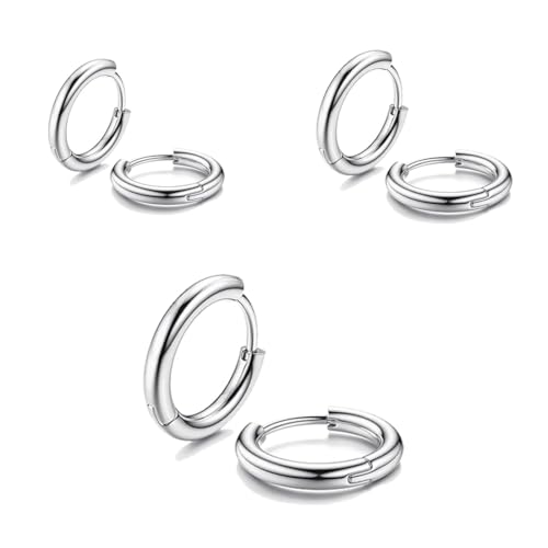 JEYORZY 3 Paar Creolen Silber Creolen für Damen Herren Kleine Creolen Silber Chirurgenstahl Creolen Ohrschmuck Rund Ohrringe Snug Knorpel Herren Hypoallergene Ohrringe 8 10 12 mm