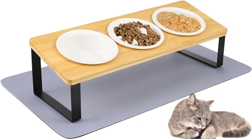 Newofview Katzennapf Erhöht 3er Set Futternapf aus Keramik mit Napfunterlage Silikon 15 Gekippte Futterstation für Katzen Und Kleine Hunde