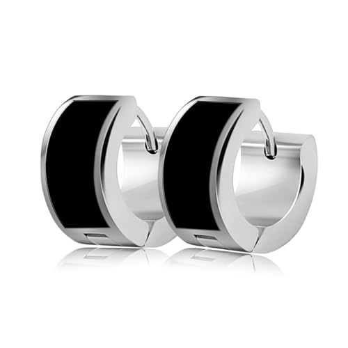 Soul-Cats 1 Paar Edelstahl Klapp Creolen silber schwarz Ohrringe für Damen Herren Größe 14 mm