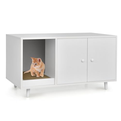 LIFEZEAL 2 in1 Katzenschrank mit Kratzbrett Kaffeetisch mit Katzenhaus Katzenhaus mit 2 Türen und hochgezogenen Beine Katzenklo Katzentoilette Katzenhütte Braun Weiß