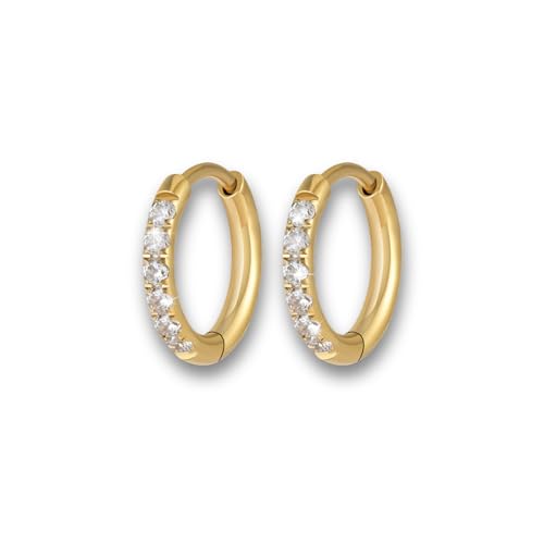 Ohrringe Gold I Zirkonia Ohrringe für Damen I Mini Creolen mit Zirkonia Steinen I Kleine Hoops aus hochwertigem Edelstahl mit 18 Karat Vergoldung I Glitzer Ohrringe für Mädchen