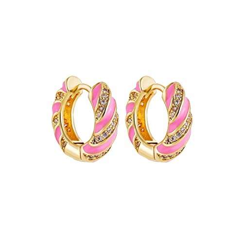 Bysonglezai Ohrringe Damen Ohrstecker Mädchen Geschenke Earrings Vintage Emaille Farbe Verdreht Kleine Creolen Für Frauen Neue Trendige Cz Zirkon Kreis Huggie Ohrring Geschenk Pink