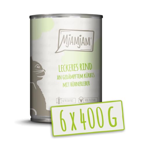 MjAMjAM - Premium Nassfutter für Katzen - leckeres Rind an gedämpftem Kürbis 6er Pack 6 x 400 g getreidefrei mit extra viel Fleisch