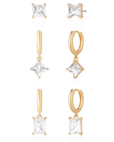 MESOVOR 3 Paar Kristall Goldene Ohrringe Damen Hängend 18 Karat Vergoldete Kleines Ohrringe Set Creolen Gold Ohrstecker und Tropfen Ohrringe für Mädchen Weiß