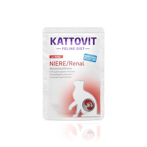 KATTOVIT - Niere Renal Nassfutter für Katzen Katzen-Nassfutter zur Unterstützung der Nierenfunktion für ausgewachsene Katzen. Diätfutter als Alleinfuttermittel im Frischebeutel 24 x 85 g Rind