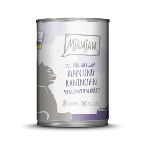 MjAMjAM - Premium Nassfutter für Katzen - Duo saftiges Huhn Kaninchen an gedämpftem Kürbis 1er Pack 1 x 400 g getreidefrei mit extra viel Fleisch