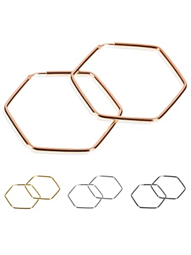 modabil Creolen Hängend Sechseck Hexagon Damen Ros gold Vergoldet 50mm 925 Sterling Silber Eckige Ohrringe Groß Edel Statement Ohrhänger Frauen