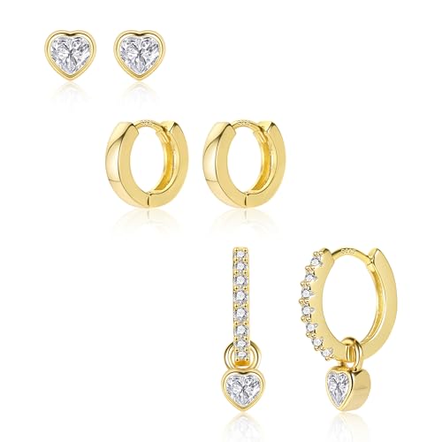 Gold Ohrringe Set Damen Kleine Herz Ohrstecker Herz Hängende Creolen Ohrringe Hypoallergen Kleine Ohrringe Ohrstecker Set Kleine Glitzer Zirkon Huggie Creolen Ohrringe Set fur Damen Mädchen