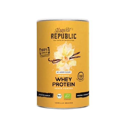 HARVEST REPUBLIC Bio Whey Protein Pulver Vanille ohne zugesetzten Zucker 350 g Eiweiß Protein Pulver aus Bio Molke Molkenproteine für Muskelaufbau bis zu 22 1 g Protein pro Portion