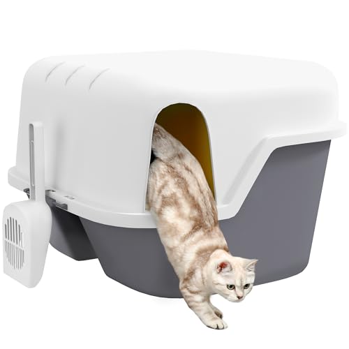 PawHut Katzentoilette mit Deckel Katzenklo mit Sieb Schaufel geschlossen Katze Toilettenhaus für kleine Katze unter 3 5 kg Indoor Kunststoff Cremeweiß