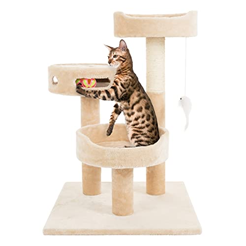 Petmaker Katzenbaum mit 3 Etagen 2 hängenden Spielzeugen und 3 Bällen 69 8 cm Hellbraun