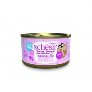 Schesir Cat Baby Nassfutter für Kätzchen 0 bis 6 Monate Hühnchen mit Filet-Hühnchen in Brühe 12 Dosen x 70 g