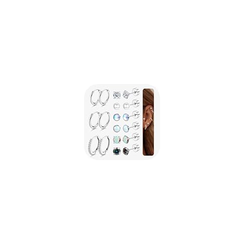 JeweBella 9 Paar Ohrringe Silber Set für Damen Chirurgenstahl Ohrstecker Creolen Set Knorpel Creolen Zirkonia Perle Opal Ohrstecker Silber Gold Klein Flatback Ohrringe Set