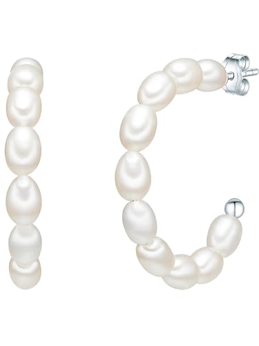 Valero Pearls Damen Perlencreolen aus 925 - Sterling Silber mit Süßwasser-Zuchtperlen Reisförmig 5-6 mm weiß Creolen Perlenohrschmuck Stecker