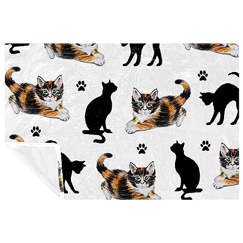 VAPOKF Calico Decke mit Katzen- und schwarzer Katze Silhouetten-Aufdruck weich warm gemütlich Überwurf für Bett Couch Sofa Picknick Camping Strand 150 x 100 cm