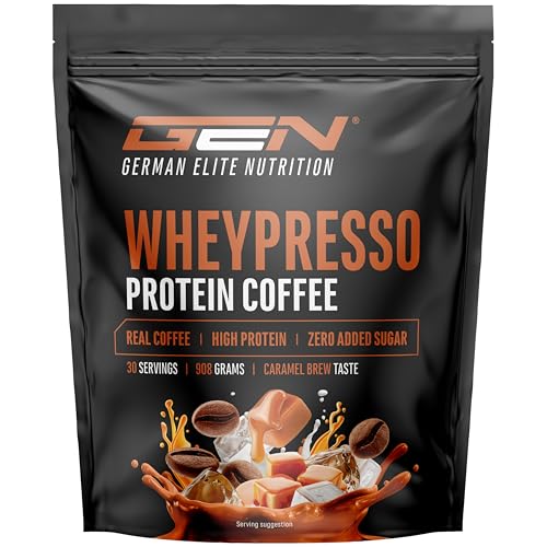 Wheypresso Protein Coffee - Eiweiß-Pulver mit Whey-Konzentrat Isolat - Mit echtem Kaffee Koffein Cremiger High Protein Drink - 908 g Caramel Flavour