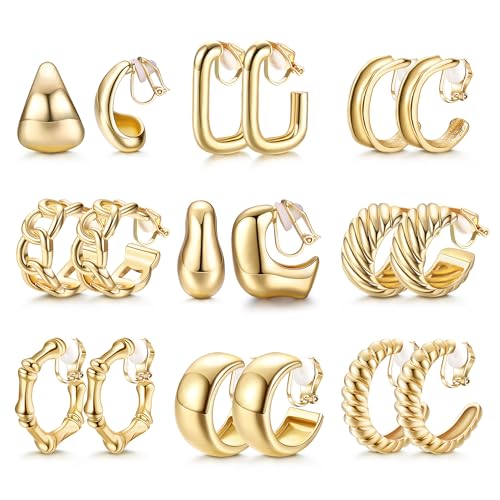 YADOCA 9 Paare Gold Clip Ohrringe Damen Hypoallergen 14K Vergoldet Gold Chunky Creolen Ohrclips Ohne Ohrlöcher Klips Ohrringe Set Modeschmuck Geschenk -2