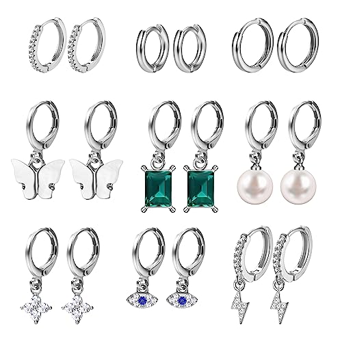 Dochais 9 Paar Ohrringe Hängend für Damen Set Creolen Silber mit Cubic Zirkonia Perlen Anhänger Huggie Ohrringe Schmuck Piercing Geschenk Mädchen Frauen für Geburtstags hochzeit