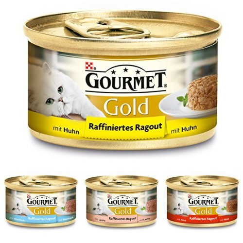 Purina Gourmet Gold Raffiniertes Ragout Mixpaket Katzennassfutter Huhn Thunfisch Lachs und Rind 48er Pack 4 x 12 x 85 g Dose