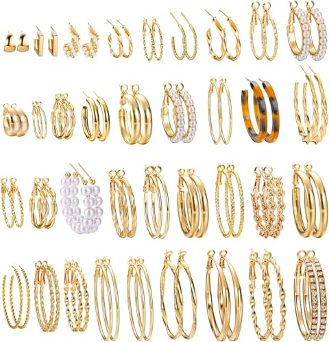 JeweBella Ohrringe Gold für Damen Mädchen Creolen Gold Mode Perlen Halbcreolen Zirkonia Ohrringe Gold Boho Creolen Ohrringe Set Hypoallergen Knorpel Schläfer Huggie Ohrringe für Mehrere Piercings