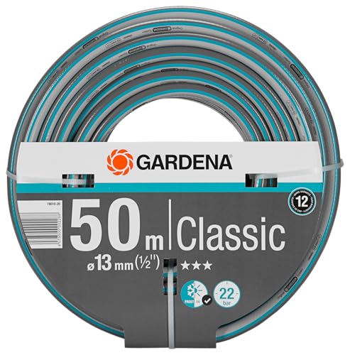 Gardena Classic Schlauch 13 mm 1 2 Zoll 50 m ohne systemteile Universeller Gartenschlauch aus robustem Kreuzgewebe 22 bar Berstdruck druck- und UV-beständig 18010-20 grau blau