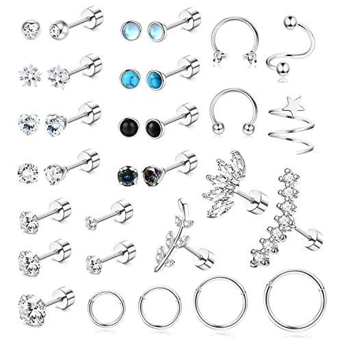 MILACOLATO Edelstahl Knorpel Ohrringe Set für Damen Herren 18G Kleine CZ Opal Stern Flache Rückseite Tragus Ohrstecker 16G Septum Ring Creolen Silber Helix Daith Nase Ohr Piercing Schmuck 32St