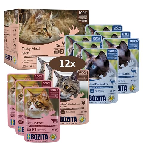 Bozita Nassfutter Häppchen in Gelee im Portionsbeutel Multibox 3X Hühnchenleber 3X Rind 6X Rentier 12x85g Getreidefreie Katzenfutter Nassfutter