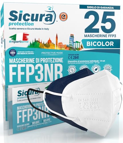 25 FFP3 Masken bunt Blau und Weiß CE zertifiziert Made in Italy BFE 99% PFE 99% Logoaufdruck SICURA Italienisch sanitisiert und einzeln versiegelt ffp3 Maske 12 Weiß 13 Blau