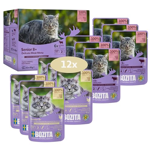 Bozita Nassfutter Senior für Katzen ab 8 Jahre Mulitbox 6X Rind 6X viel Huhn Häppchen in Sauce im Portionsbeutel 12x85g Getreidefreie Katzenfutter Nassfutter