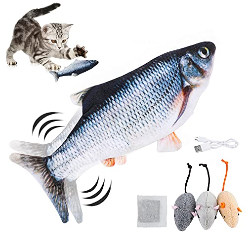 NOROTA Katzenspielzeug elektrischer Fisch USB Akku Anschluss wackelnder Plüsch Simulationsfisch DREI kleinen Maus und Katzenminzen geeignet Kätzchen zum Spielen Beißen Kauen und Treten