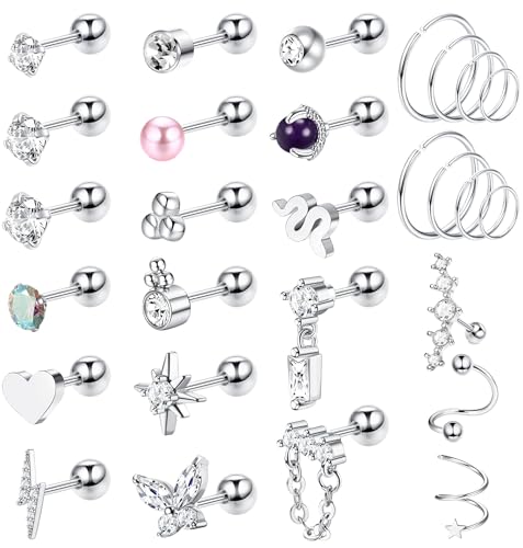 JeweBella 30 Stück 20G Knorpel Ohrstecker Set Chirurgenstahl Helix Piercing für Damen Mädchen Opal Herz CZ Knorpel Ohrringe mit Anhänger Kette Creolen Ohrringe Set Helix Tragus Conch Piercing Ohr