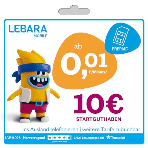 Lebara Prepaid SIM-Karte mit 10 Startguthaben ohne Vertrag ab 1 Cent pro Min. ins Ausland telefonieren