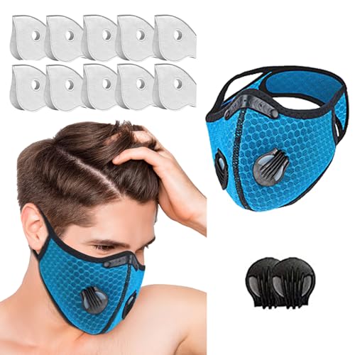 JewelryWe Gesichtsmaske Mundschutz mit Filter Ventil Blau Mund und Nasenschutz mit 2 Atemventile und 10 Aktivkohlefilter - Verstellbar Wiederverwendbar Waschbar Staubmaske Arbeitsmaske für Outdoor