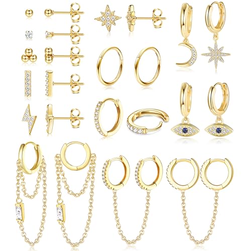 JeweBella 12Paar Kleine Ohrstecker Damen Set Edelstahl Mini Creolen Anhänger mit Kette Stern Mond Ohrringe Hypoallergen Zirkon Ball Evil Eye Ohrringe Set Gold Silber