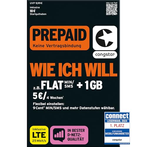 congstar Prepaid wie ich Will SIM-Karte ohne Vertrag I Prepaid-Guthaben Wunschmix in D-Netz-Qualität I frei wählen 1-15 GB 9 Ct. pro Min SMS Flat I alle 4 Wochen neu Mixen I 10 EUR Startguthaben