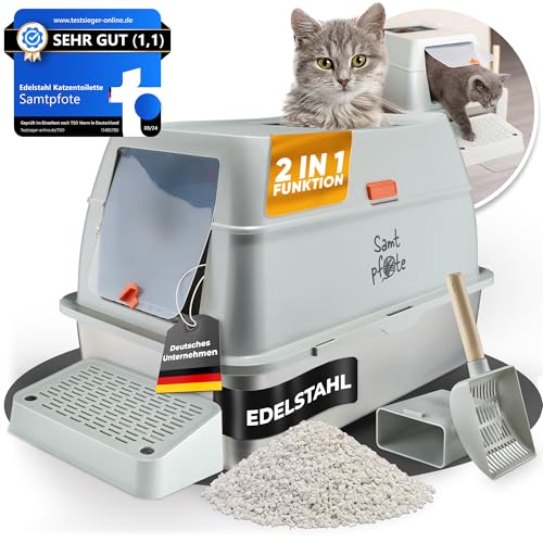 Samtpfote Premium Katzenklo Edelstahl - antibakteriell robust - Katzentoilette mit Spritzschutz und Deckel - Geschlossen