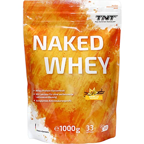 TNT Naked Whey Protein Pulver 1kg Eiweißpulver mit Laktase für Protein Shake Backen Kochen Tolle Löslichkeit leckerer Geschmack Vanilla
