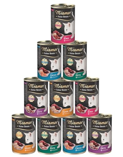 Miamor Feine Beute 10 x 400g Katzenfutter Mixpaket garantierter 4 Sorten Mix Fleisch pur ohne Getreide ohne Soja Nassfutter für Katzen